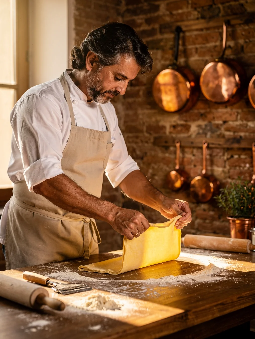 Executive Chef Alessandro Conti handcrafting fresh artisanal pasta in kitchen