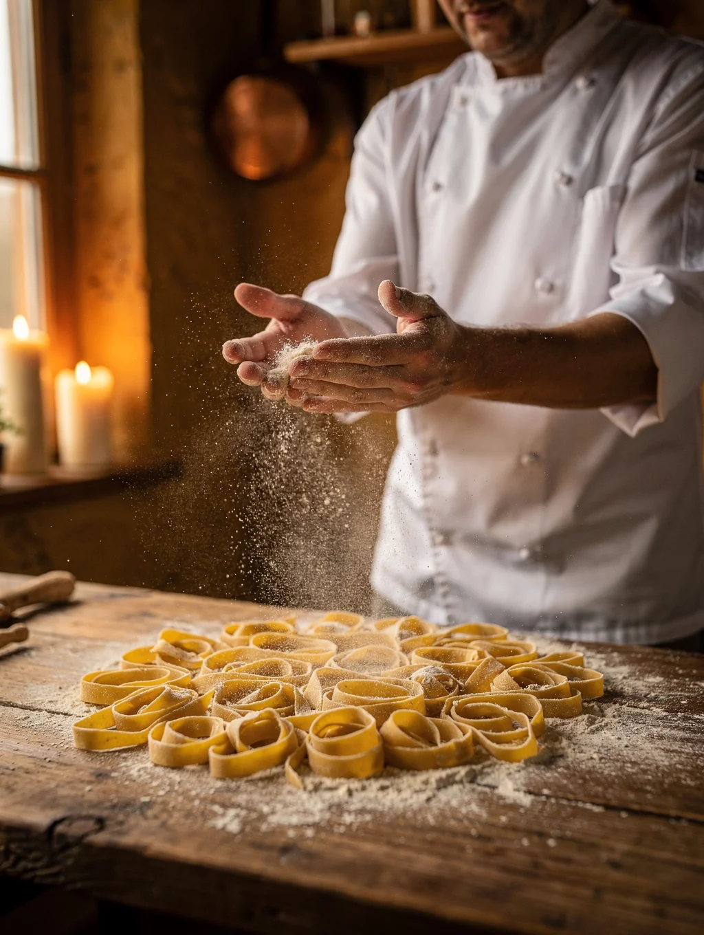 Chef plating fresh handmade pasta in our open kitchen